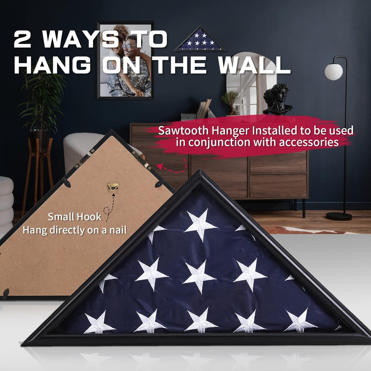 Burial Flag Display Case Fits 5'x9.5' Flag, Thin Bottom Edge Military Flag Box with Glass Front for American Veteran Flag, Wooden Memorial Folded Flag Case Shadow Box (Black)