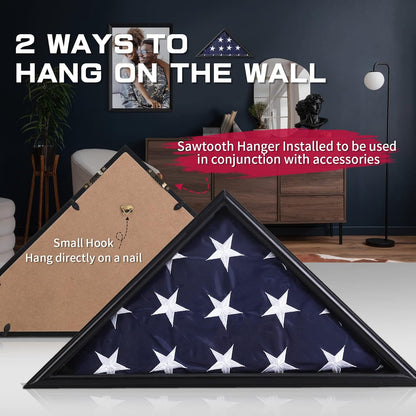 Burial Flag Display Case Fits 5'x9.5' Flag, Thin Bottom Edge Military Flag Box with Glass Front for American Veteran Flag, Wooden Memorial Folded Flag Case Shadow Box (Black)
