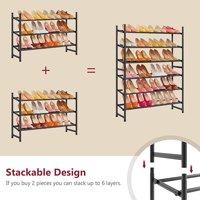 Tajsoon Expandable Shoe Rack for Closet 3 Tier, 28“-41“Adjustable & Stackable - Image 6