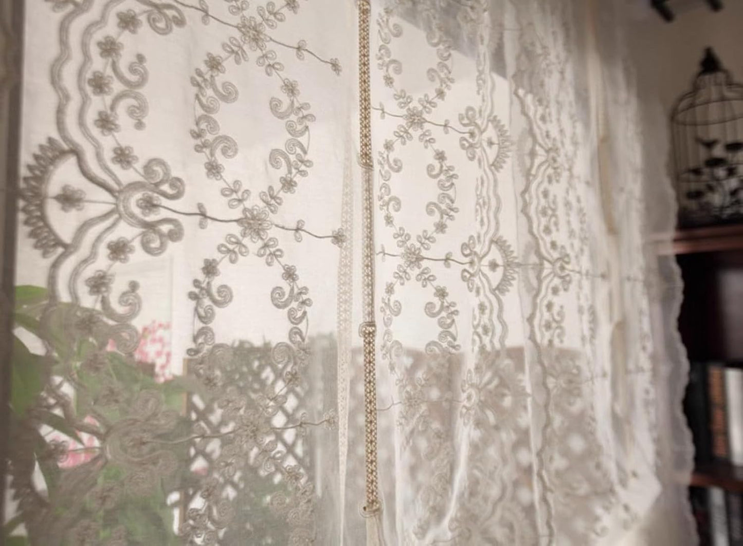 A.Monamour White Sheer Transparent Embroidered Voile Lace Balloon Curtain Window Roman Shades Window Treatment Tie Up Curtain Cottage Flowers Adjustable Tie Tieup, Rod Pocket/Pinch Pleat, 2 Pieces