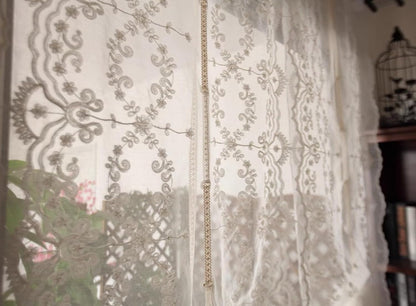 A.Monamour White Sheer Transparent Embroidered Voile Lace Balloon Curtain Window Roman Shades Window Treatment Tie Up Curtain Cottage Flowers Adjustable Tie Tieup, Rod Pocket/Pinch Pleat, 2 Pieces