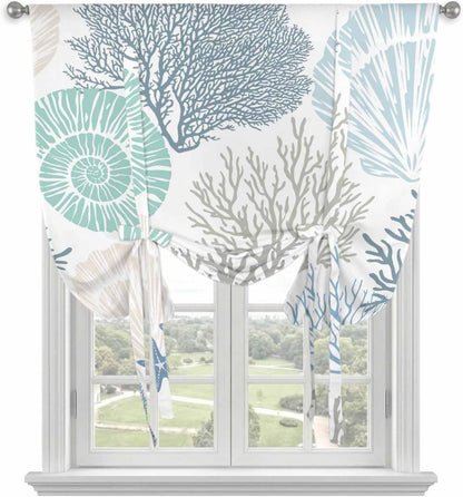Ocean Coral Starfish Tie Up Window Shade Curtain,Nautical Coastal Shell Tie Up Curtain for Kitchen Windows,Marine Sealife Adjustable Valance Balloon Curtains,Blue Teal White Rod Pocket Panel 52x45in