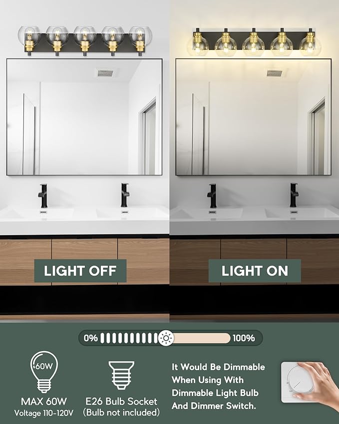 METWET Bathroom Light Fixtures, 5-Light Black and Gold Bathroom Vanity Light - Image 6
