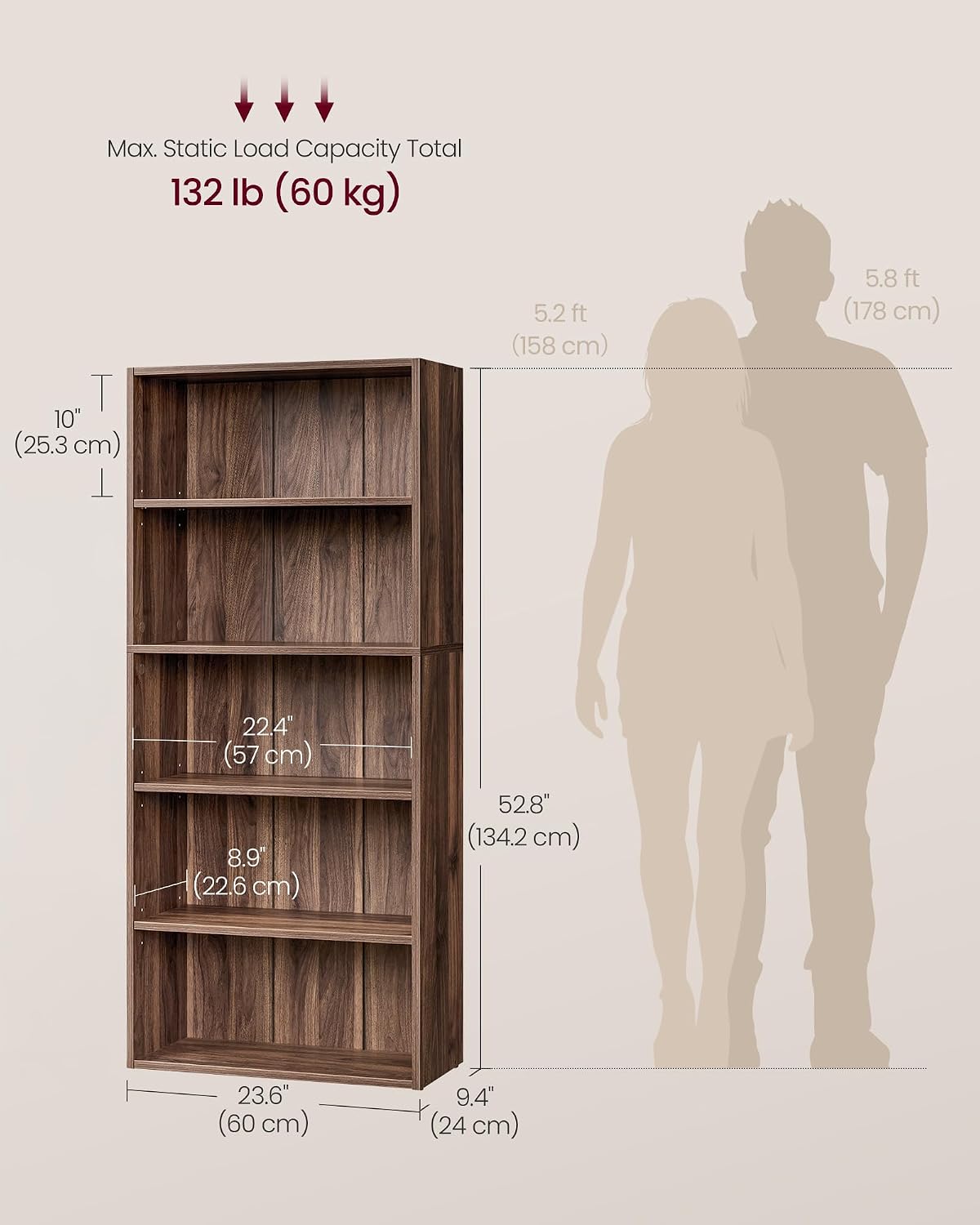 VASAGLE 5-Tier Bookshelf, Storage Organizer, 23.6 x 9.4 x 52.8 Inches