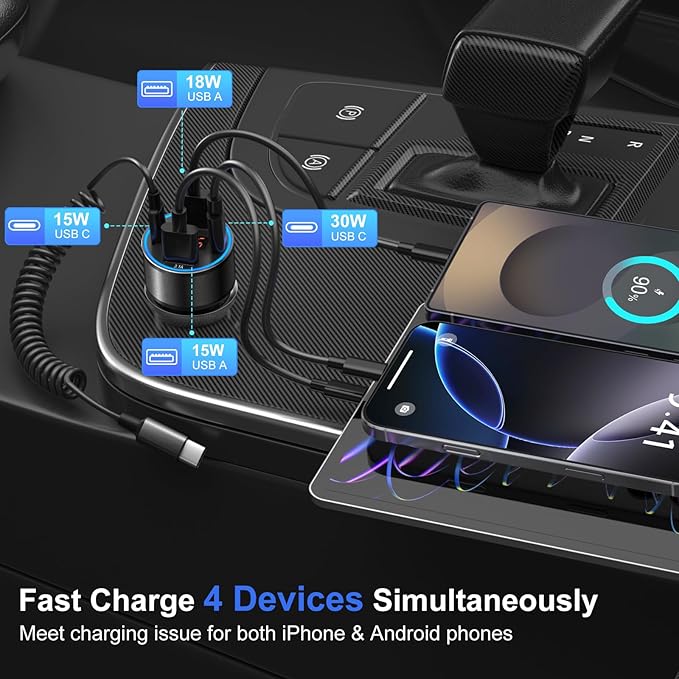 USB C Car Charger, 4-Port 65W Dual 12V USB-A & USB-C Car Phone Charger - Image 4