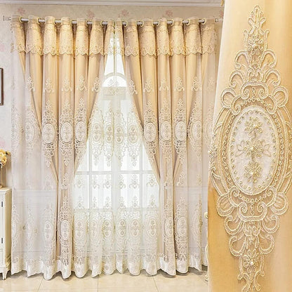 Amidoudou 1 Pair European Double Layer Curtains with Valances for Living Room Bedroom Luxury 3D Flower Embroidered Curtains (Yellow,52x84 Inch)