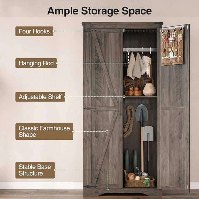 Tall Storage Cabinet with Adjustable Shelves, Farmhouse Pantry Organize with 2 - Image 3