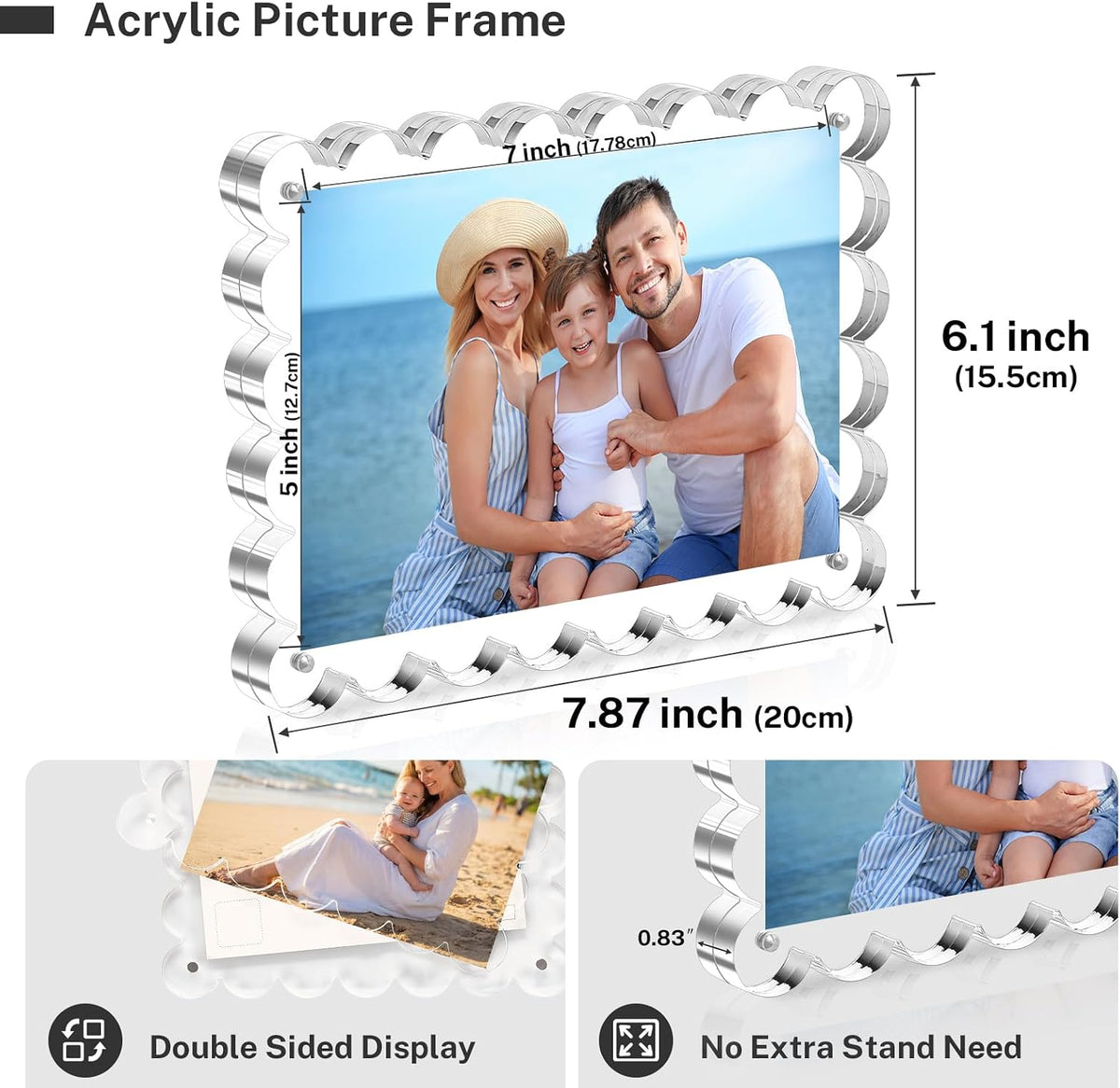 HOUSE DAY Acrylic Picture Frames 5x7 Acrylic Frame, 3 Pack Scalloped Magnetic 5x7 Picture Frame, Double Sided Clear 5 x 7 Photo Frame, Frameless FreeStanding 5 x 7 Picture Frames Gift for Desktop Display