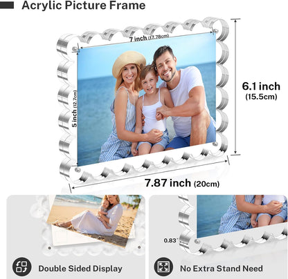 HOUSE DAY Acrylic Picture Frames 5x7 Acrylic Frame, 3 Pack Scalloped Magnetic 5x7 Picture Frame, Double Sided Clear 5 x 7 Photo Frame, Frameless FreeStanding 5 x 7 Picture Frames Gift for Desktop Display