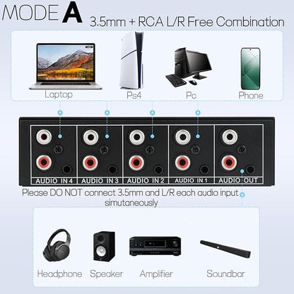 3.5mm Aux + RCA L/R Bi-Directional Stereo Audio Switch 4 in 1 Out A/B Analog - Image 2