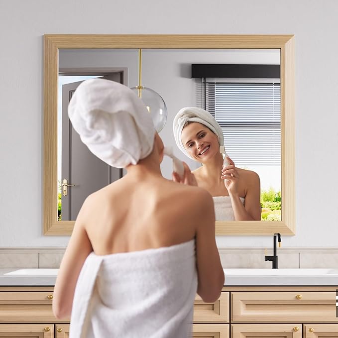 Amorho Bathroom Mirror for Wall, 40X32 Inch Oak Wood Grain Metal Framed Mirror - Image 5
