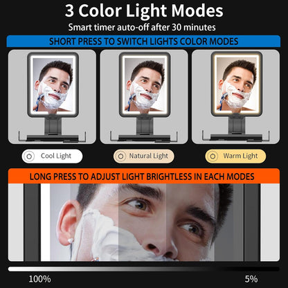 Shower Mirror Fogless for Shaving,Quick Anti Fog Mirror for Shower with Light, 3-Color Led Light Bathroom Mirror with Strong Adhesive Backing, Dimmable Brightness Makeup Mirrors for Wall