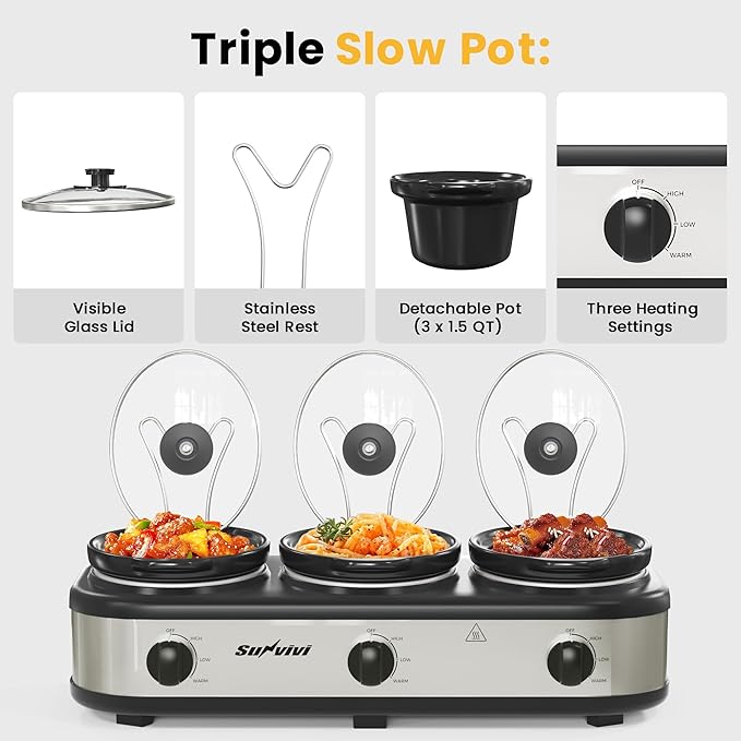 Sunvivi Triple Slow Cooker, Buffet Server and Food Warmer, Small Mini Pot - Image 3