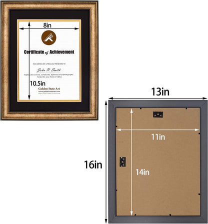Golden State Art 11x14 Frame for 8.5x11 Diploma Antique Gold Real Glass | Includes Black Over Gold Double Mat,Fits 8.5x11 Certificate, Document, Photo, Picture, Wall Mount