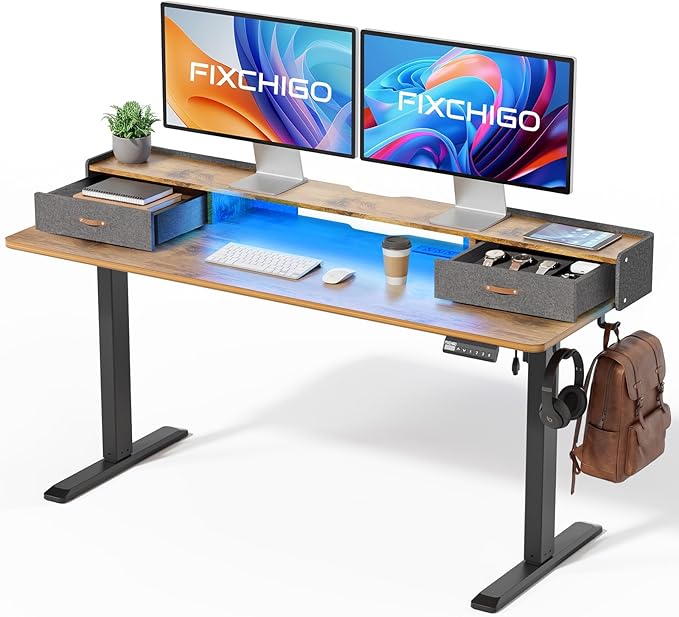 Electric Standing Desk with Drawers, 63 Inch Height Adjustable Desk with Power by Unknown