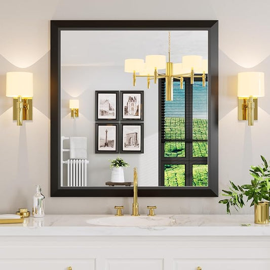 Amorho Black Bathroom Mirror, 40x38 Inch Thick Metal Framed Wall Mirrors by Amorho