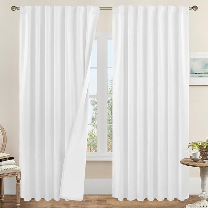 LAMIT White 100% Blackout Linen Curtains 84 Inches Long, Linen Textured Living by LAMIT