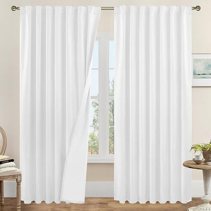 LAMIT White 100% Blackout Linen Curtains 84 Inches Long, Linen Textured Living by LAMIT