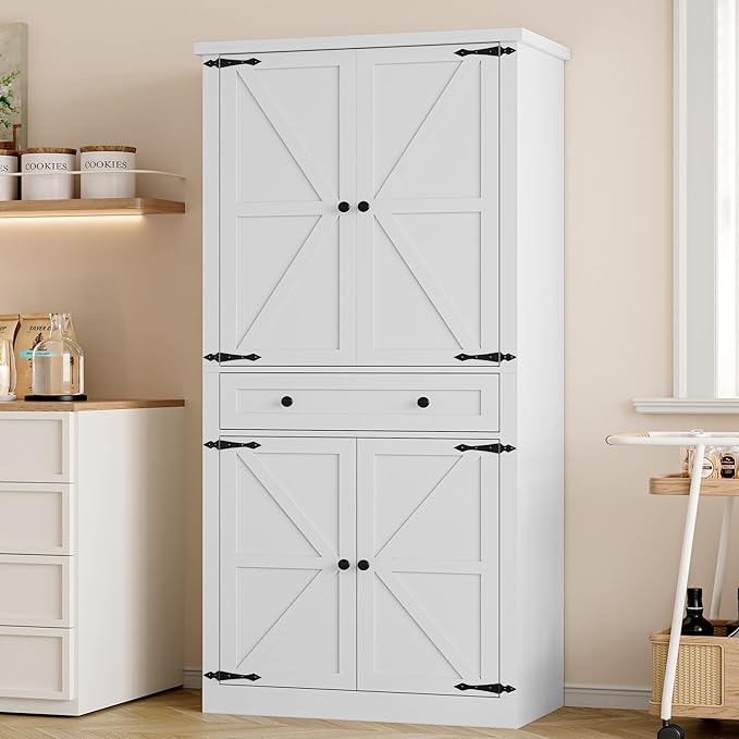 Pantry Organizers and Storage Cabinet, 70” Barn Door White Kitchen Cabinet by BORNOON