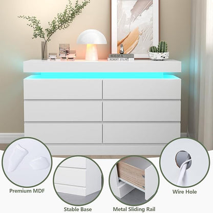 6 Drawer Dresser with Power Outlet, Dresser with LED Light, Modern Chest of - Image 6