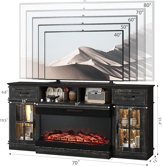 Bonnlo Fireplace TV Stand for Up to 80'' TVs, Electric Fireplace Heater - Image 3
