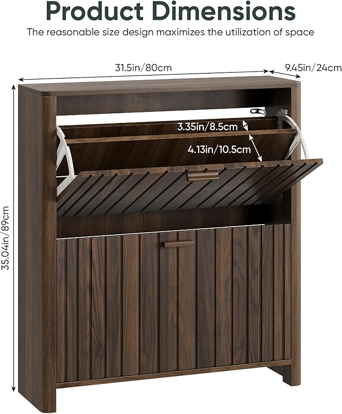 Shoe Cabinet with 2 Flip Drawers, 31.5 Inch Narrow Fluted Shoe Organizer with - Image 2