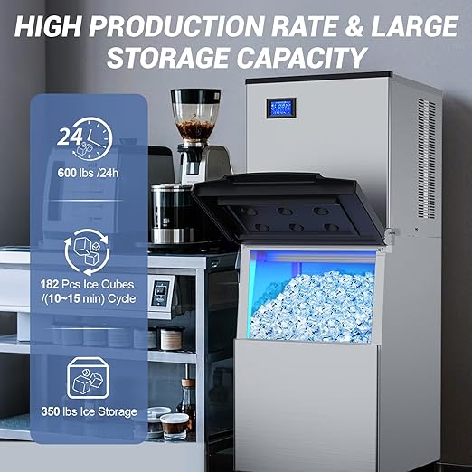 Commercial Ice Maker Machine 600 Lbs/24H, 350 Lbs Large Storage, Stainless - Image 3