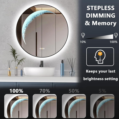 Black Round Mirror 30 inch, Circle Framed Mirror with Backlit & Half Moon Light, Anti-Fog, 3 Color Modes, Dimming Wall-Mounted LED Mirrors for Bathroom, Home Decor, Bathroom, Entryway
