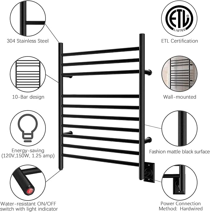 HEATGENE Towel Warmer Wall-Mounted Hardwired Heated Towel Rack Matte Black - Image 3