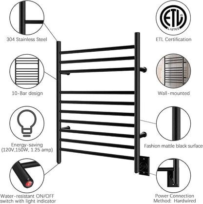 HEATGENE Towel Warmer Wall-Mounted Hardwired Heated Towel Rack Matte Black - Image 3