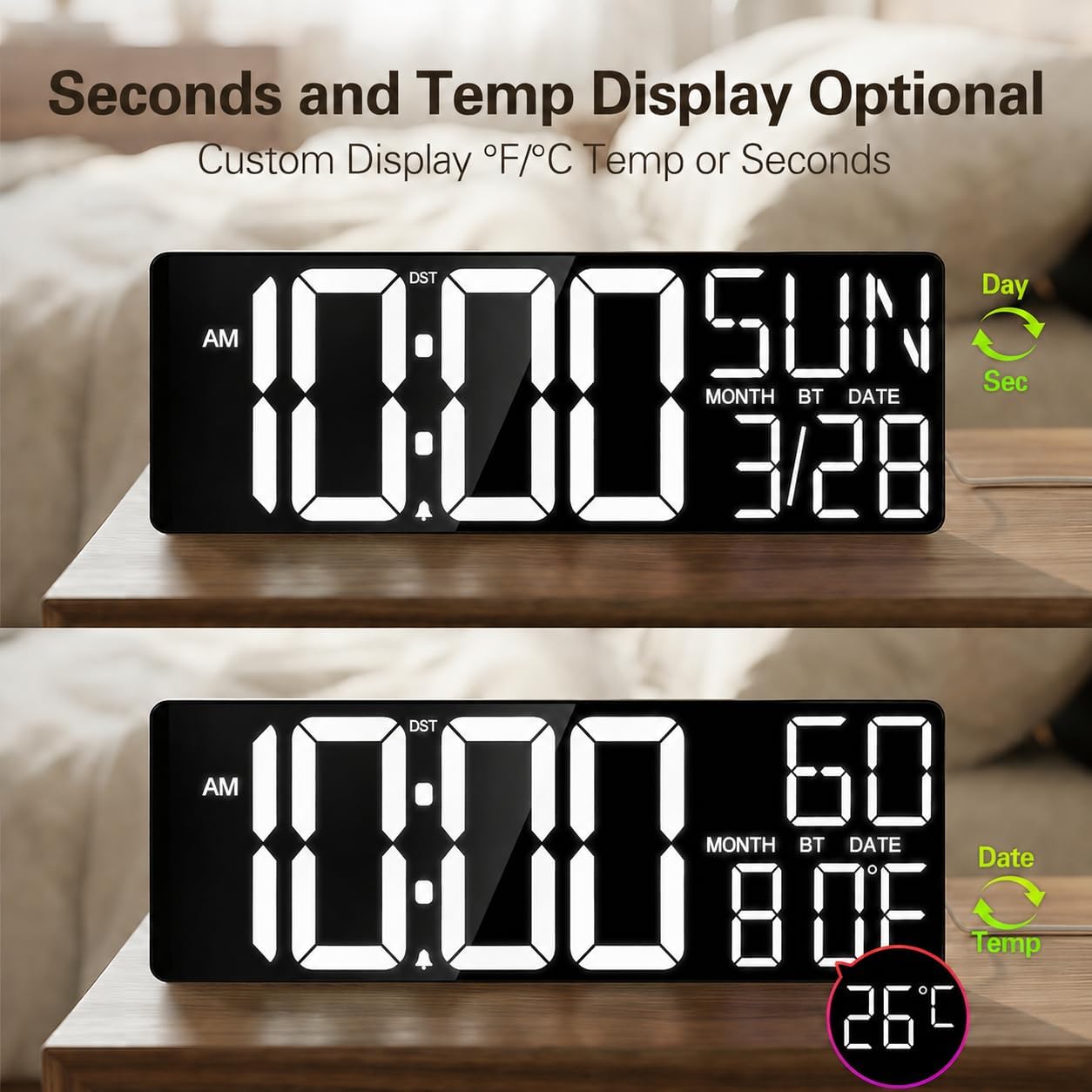 JALL 18" Large Digital Wall Clock with Big Numbers, Remote, Timer, 12 RGB Wall Clock with Date and Temp for Teachers Seniors, Digital Clock for Arena, Gym, Living Room Classroom Decor (White)