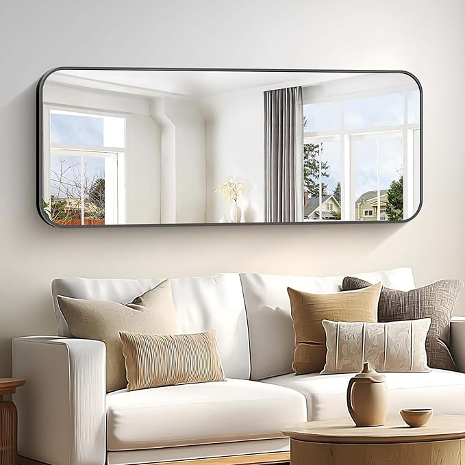 Bathroom Mirror, 60 x 24 inch Metal Framed Black Rectangle Mirror, Rounded - Image 2