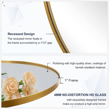 Gold Round Mirror, Large Brushed Gold Round Bathroom Mirror, Brass Circle Mirror 32 inch, Modern Vanity Mirror in Stainless Steel Metal Frame for Home Decor, Entryway, Living Room