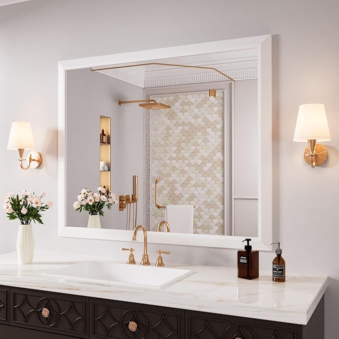 Amorho Bathroom Mirror, 44x36 Inch White Framed Bathroom Mirrors by Amorho