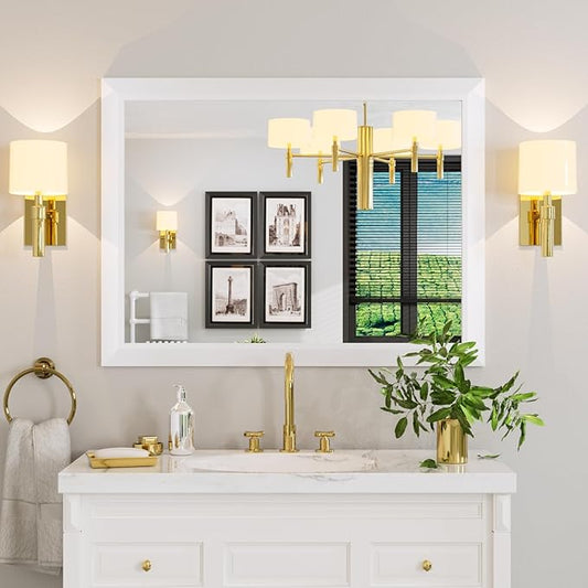 Amorho Bathroom Mirror, 40x30 Inch White Thick Metal Framed Wall Mirrors by Amorho