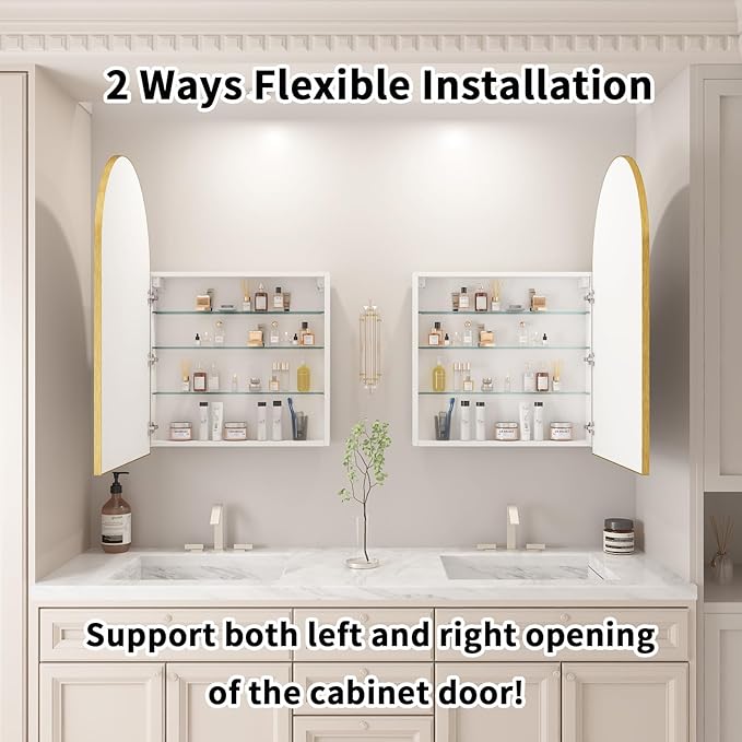 Gold Medicine Cabinet Mirror, Left or Right Opening, Arched Medicine Cabinet - Image 3
