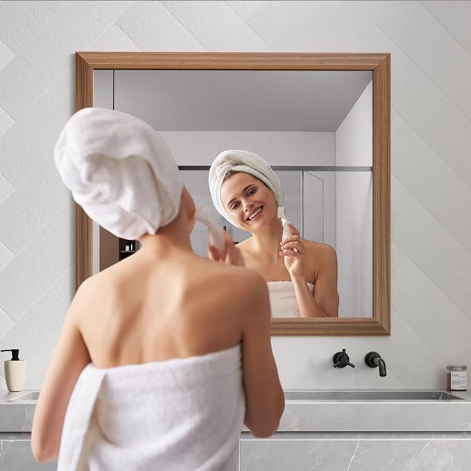 Amorho Bathroom Mirror, 40x36 Inch Wall Mirror, Walnut Wood Grain Metal Framed - Image 4