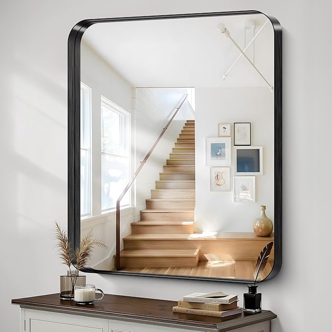 CIRCUMI Black Bathroom Mirror, Rounded Corner, Tempered Glass, Large Mirror - Image 5