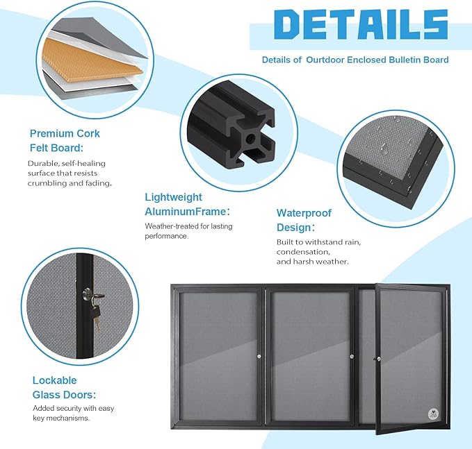 Lockable Outdoor Enclosed Bulletin Board, Weatherproof Cork Noticeboard - Image 3