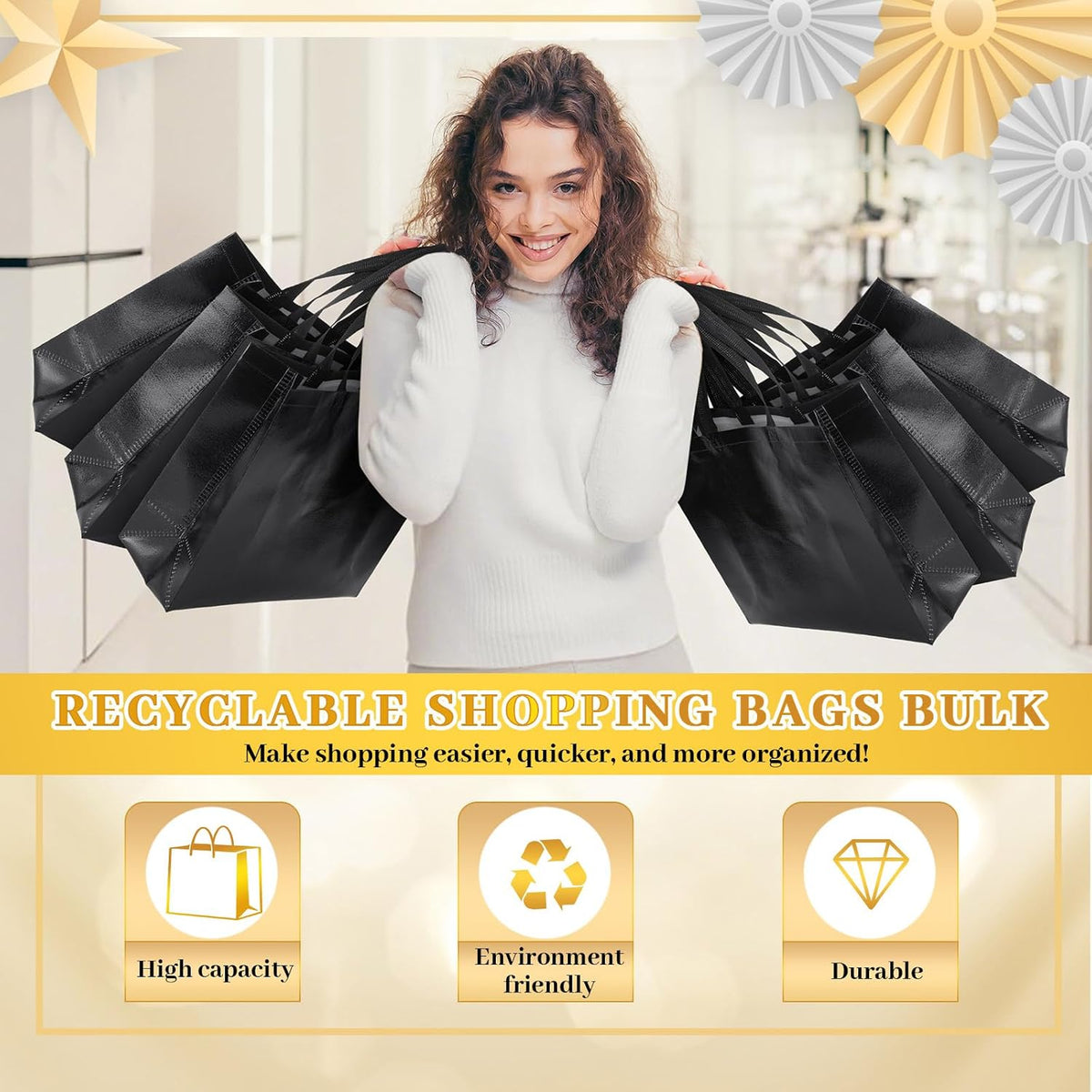 Epakh 48 Pcs Black Reusable Gift Bag with Handle Bulk for Halloween Wedding