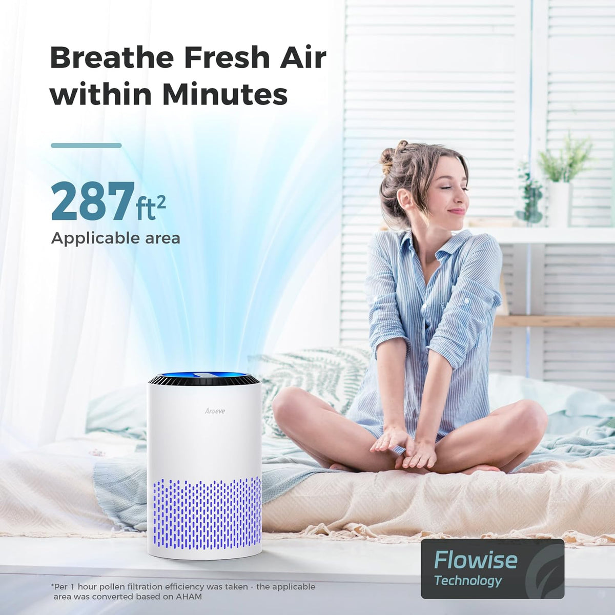 aroeve air purifiers for bedroom with sleep mode shown in use