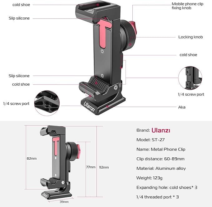 Metal Phone Tripod Mount 3 Cold Shoes & Arca Port, 360° Smartphone Tripod - Image 7