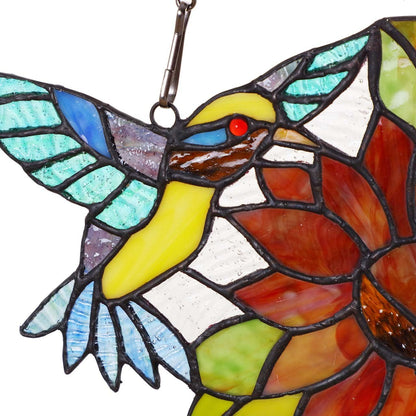 Bieye W10006 Hummingbirds Flower Tiffany Style Stained Glass Window Hangings Panel with Chain, 15" W x 7" H