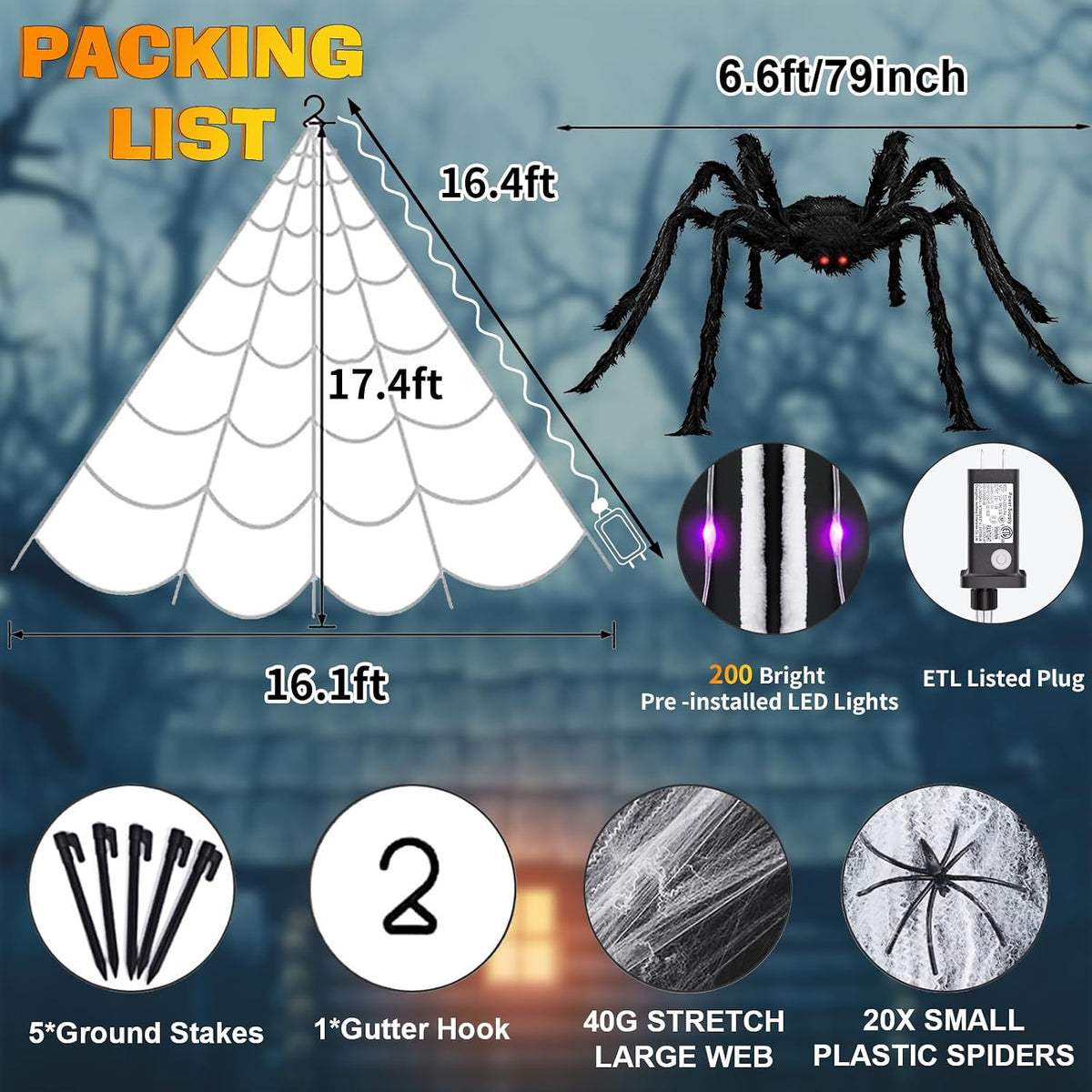 Halloween Decorations Outdoor, 200 LED Halloween Giant Spider Web Lights, 16....