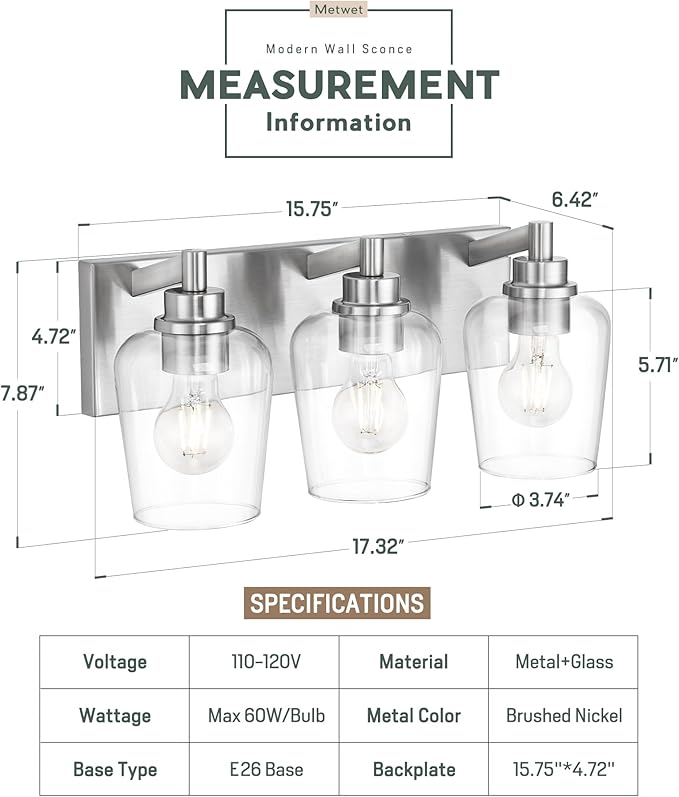 METWET Bathroom Light Fixtures, 3-Light Modern Vanity Light - Image 2