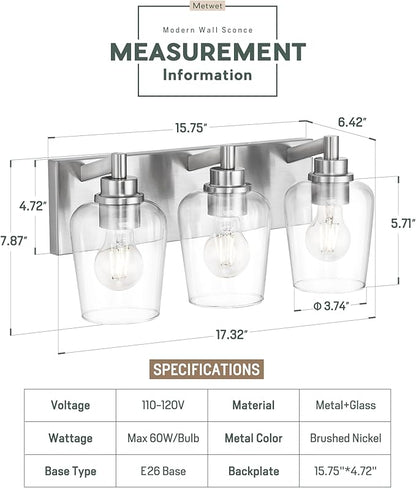 METWET Bathroom Light Fixtures, 3-Light Modern Vanity Light - Image 2