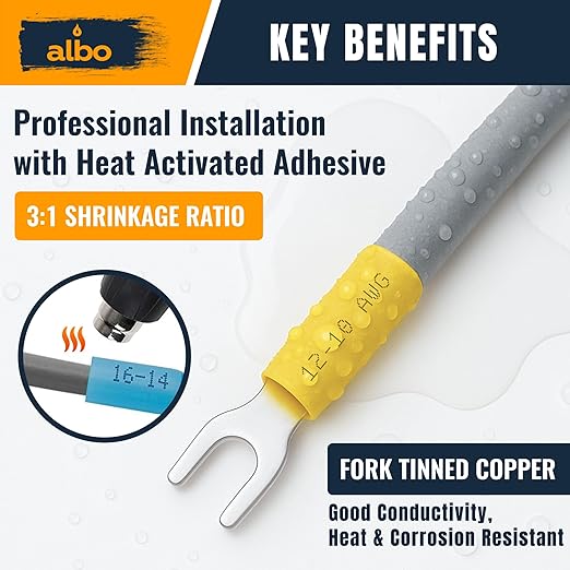 150PCS Yellow Heat Shrink Fork Spade Connectors #10 – 12-10 AWG Tinned Copper - Image 4