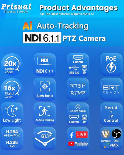 Prisual NDI 6.1.1 PTZ Camera, Ai Auto-Tracking, 20x Optical Zoom LAN USB3.0 PoE - Image 7