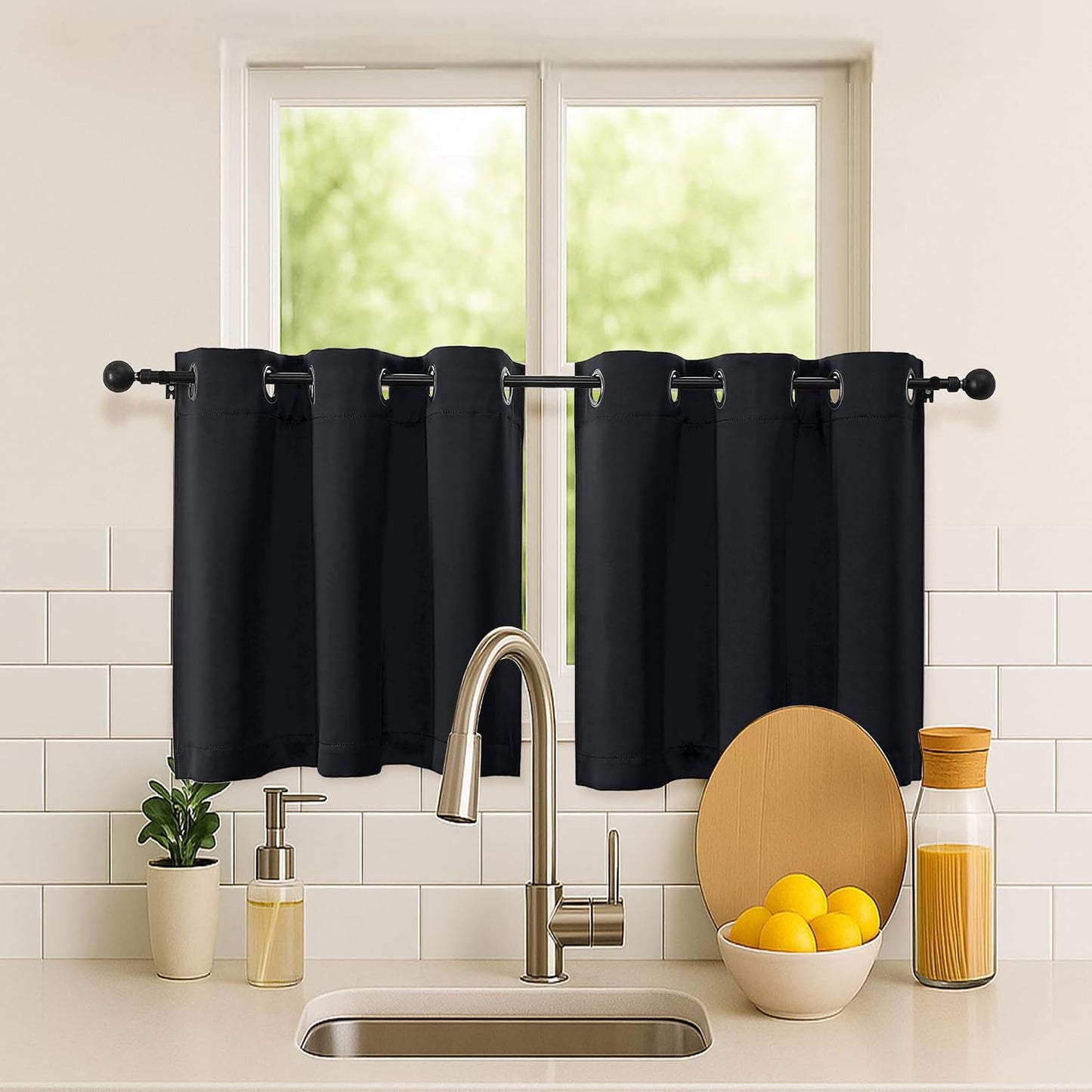 Simplebrand Halloween Black Short Kitchen Curtains 24 Inch Length 2 Panels Set, Small Windows Blackout Curtain for Bathroom, Room Darkening Thermal Insulated Short Drapes, 40 x 24 Inch, Black