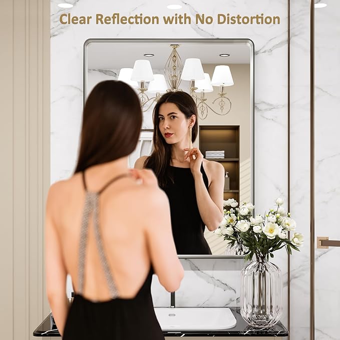 LOAAO 20X30 Inch Brushed Nickel Bathroom Mirror, Rounded Rectangle Silver Metal - Image 2